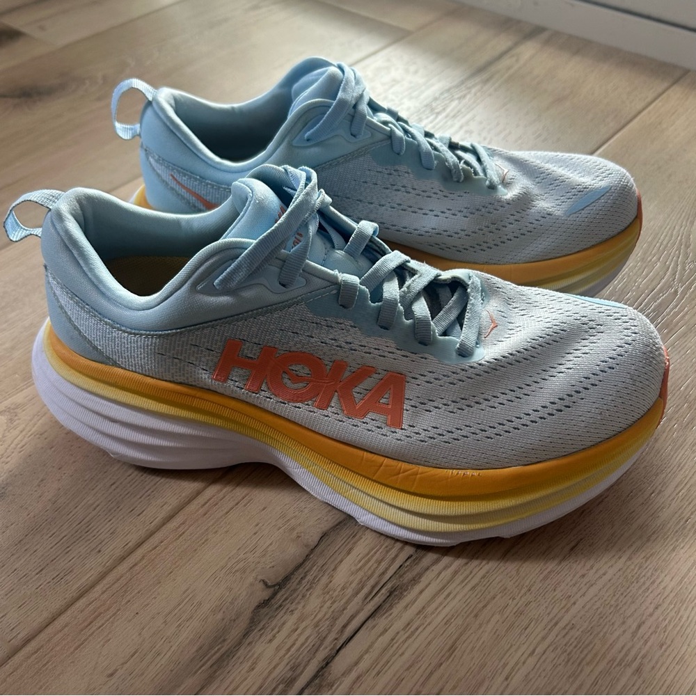 Hoka One Bondi 8 Summer Song Country Air Blue Orange Yellow Womens Size 8D Wide